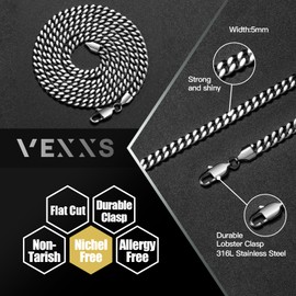 VEXXS Men's Gold Chain Flat Cut,18K Real Gold Plated Cuban Link Chain, Durable No Color Fading 5mm Men’s Necklace (5mm-White Gold, 18 inches)