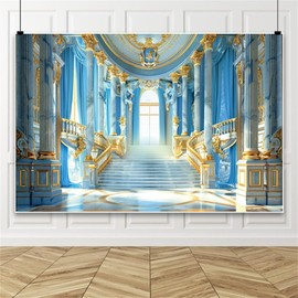 Laeacco 15x10ft Blue Gold Palace Interior Backdrop Sky Blue and Golden Staircase Columns Luxurious Castle Hall Photography Background for Birthday Wedding Bridal Baby Shower Party Photo Booth Props