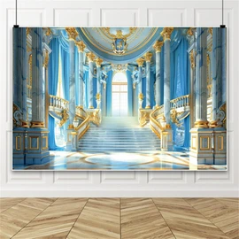 Laeacco 15x10ft Blue Gold Palace Interior Backdrop Sky Blue and Golden Staircase Columns Luxurious Castle Hall Photography Background for Birthday Wedding Bridal Baby Shower Party Photo Booth Props