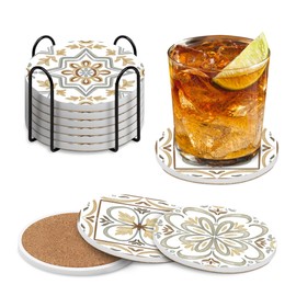 Coasters Set of 6-4inch Absorbent Ceramic Coasters with Holder-Moroccan Talavera Style Drink Coasters for Tabletop Protection-Coffee Bar Accessories & Home Decor-Housewarming Gifts for New Home