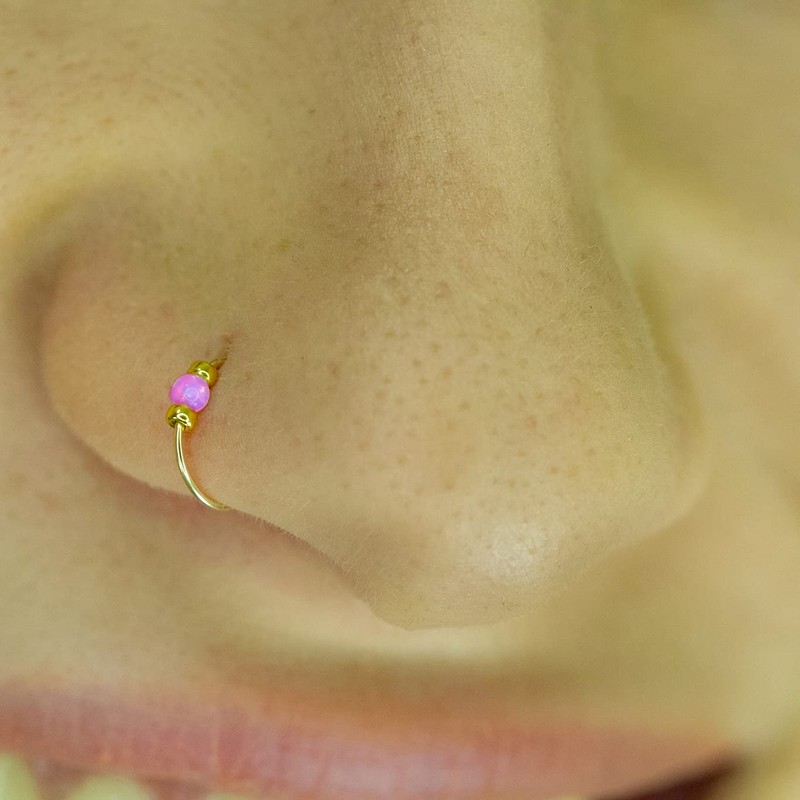 Tiny Fake Clip-On pink opal Nose Ring 24g - 14K