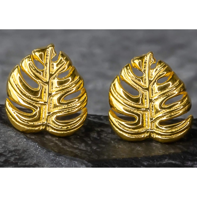 Mini Stud Earrings Leaf Monstera – Gold-Plated Silver 925 Sterling