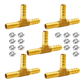 NICOLEKAY 3/8" Brass Barb Tee Fittings T-Shaped 3 Ways Union Hose Barb Pipe Fitting with 15pcs Stainless Steel Pipe Clamp for Water/Fuel/Air (Pack of 5)