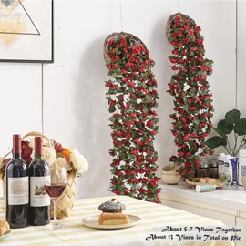 PONKING 6 Pcs 49FT Flower Garland, Artificial Rose Vine Flowers with Green Leaves, Hanging Fake Roses Vine for Room Anniversary Wedding Birthday Christmas Wall Arch Decor, Spring Red Flower