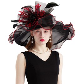 yrsZX Organza Church Derby Hats for Women Wedding Tea Party Fascinator Floral Wide Brim Sun Hat 02 Black Red