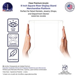 Acrylic Riser Display Platform 8 Inch Wide Clear Square One Piece Lucite Retail Product Showcase Shelf Lifting Merchandising Pedestal Stand for Expos and Tradeshows by Marketing Holders