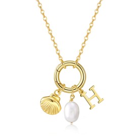 Initial Charm Necklace for Women Shell Necklace Pearl Necklace 14K Gold Plated Letter Pendant Necklace Dainty Seashell Necklace Beach Jewelry Gifts (H)