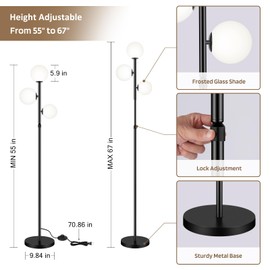 67" Mid Century Floor Lamps for Living Room, 3 Globe Floor Lamp with Frosted Glass Shades, Adjustable Height Standing Lamp with Foot Switch, Tall Lamps for Bedroom Office, G9 Bulbs Included, Black