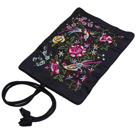 Mookaitedcor Garden Design Embroidered Jewellery Roll with Beautiful Flowers, Bag Organiser for Earrings, Necklaces, Bracelets, Watch, Black