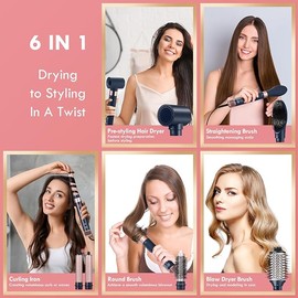6 in 1 Air Styling Hair Styler, NDLT High Concentration of Negative Ions Hair Dryer, Blow Dryer Brush, Straightening Brush, Curling lron, Round Brush for Fast Drying Curling Straightening & Smoothing