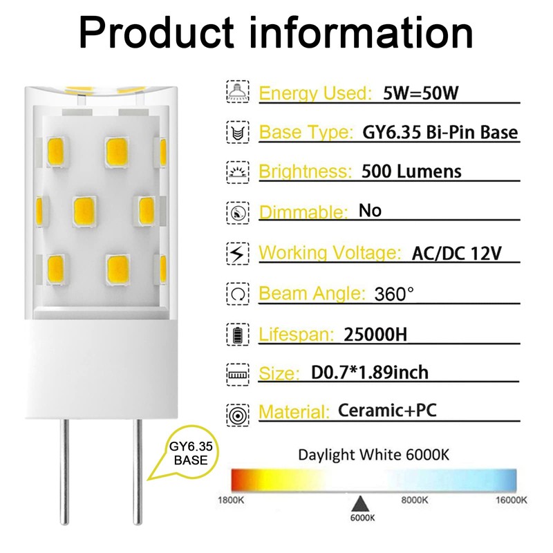GY6.35 LED Bulb 5W Equivalent to 50W Bi-pin Base Halogen