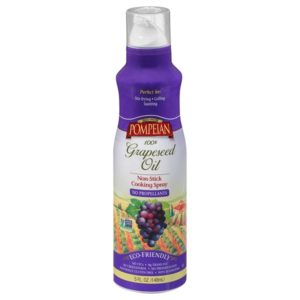 Pompeian 100% Grapeseed Oil Non-Stick Cooking Spray, Perfect for Stir-Frying, Grilling and Sauteing, Naturally Gluten Free, Non-GMO, No Propellants, 5 FL. OZ., Single Bottle