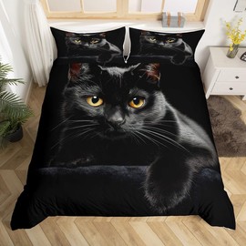 richhome Cat Bedding Set Single Size Cute Kitten Duvet Cover Set for Kids Microfiber Lightweight Comforter Cover Set Mysterious Black Cat Decor