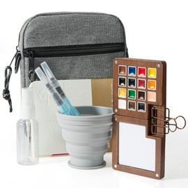 Mini Paint Palette Travel Kit - 15-Colors Pocket Artist Water Color Travel Set with Crossbody Bag, Watercolor Journal, Metal Clip, Paint Water Cup, Water Brush, Wooden Paint Box for Painters Artists