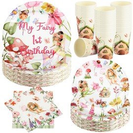 Yoande 200 Pcs My Fairy 1st Birthday Tableware Set Fairy Birthday Party Supplies Fairies Enchanted Themed Baby Shower Party Decorations Garden Flowers Paper Plates Cups Napkins for 50 Guests