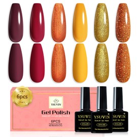 YSUVIN Semi-Permanent Nail Polish, 6 Colors Red Brown Maple Color Glitter Pumpkin Semi-Permanent Nail Polish, Soak Off UV/LED Lamp Gel Nail Polish Diy Manicure Nail Art Set, 8ml