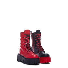 Dolls Kill Devil Games Mismatched Combat Boots – Red Vegan Leather Platform Boots with Adjustable Lace-Ups & Side Zippers - Red, 9