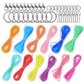 Glarks 52pcs Lanyard String Kit, Bright and Glitter Colour Plastic String Cords with 40pcs Key Chain Lanyard Accessories for Key Chain Bracelets