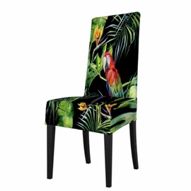 Numland 1 Pack Watercolor Scarlet Macaw Parrot Dining Room Chair Covers Tropical Jungle Bird Palm Tree Leaf Short Stretchable Polyester Removable Washable for home Restaurant Banquet