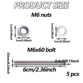 Bolts and Nuts Set, M6 Lock, 304 Stainless Steel Hex Bolt, for Machinery, Furniture, Car, Bike, 3D Printing, 5 Pcs