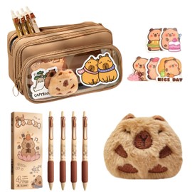 IN Chenthy Capybara Makeup Bag with Cute Plush Toy, Stickers and Pen Accessories - Large Capacity 10-Layer Divider Storage for Cosmetics, Stationery Organizer (8.46" x 3.35" x 4.92"-Brown)