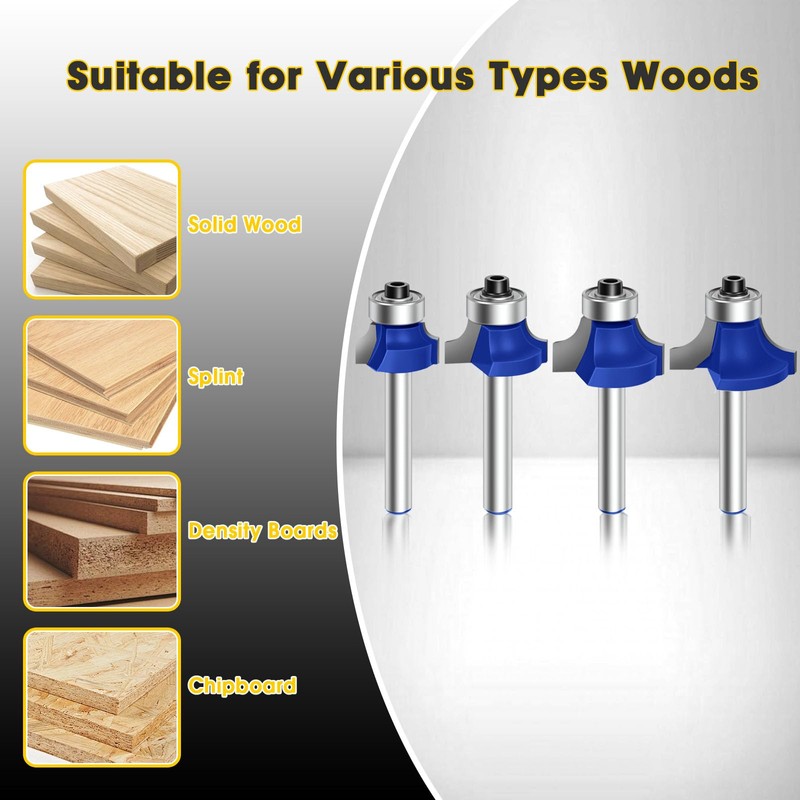 4 Pcs Blue Router Bits 1/4 Shank Feanron Round Over