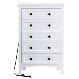 HAIOOU 5 Drawer Dresser for Bedroom, Large Storage Chest of Drawers Vertical Wooden Dresser Organizer with Power Outlets, Hidden Drawer Compartment for Living Room, Entryway - Modern White