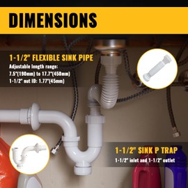 VIVIDA 1-1/2 Inch Sink Drain P Trap with Expandable Flexible P Trap, Slip Joint P Trap Pipe with Clean Out, Plastic P Trap for Kitchen and Bathroom Sink, 1-1/4" Adapter Included, White, 1 Pack
