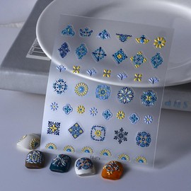 Bohemia Nail Stickers for Nails Art Blue Flower Nails Decals 5D Embossed Nail Stickers Self Adhesive Design Supplies Charm for Women Manicure Art Decorations Accessories