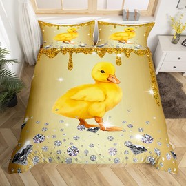 Duck Duvet Cover Set Yellow Sequin Fluid Art 135 x 200 cm Bedding Sets, Crystal Diamond Comforter Cover Farm Animals Bed Set, Country Farmhouse Rustic Home Decor