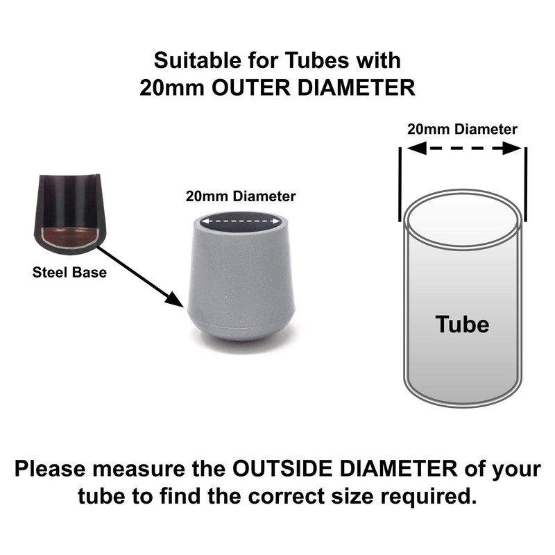 20mm Rubber Feet, Grey Tube End Caps, Pack of 4
