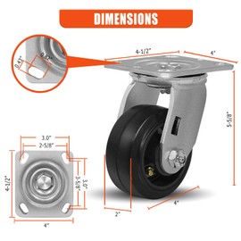 CWfutureparts Caster Wheels 4" x 2" Heavy Duty Industrial Casters,Rubber on Cast Iron Wheels,2 Rigid 2 Swivel Top Plate Casters, Load Capacity 2800 lbs