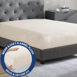 Cathay Home Twin Flannel Plush Fitted Sheet - Ultra Soft & Extra Plush Flannel, No-Pilling - All Season Cozy Warmth - 12" Deep Pocket Fitted Sheet Only (Twin, Cream)