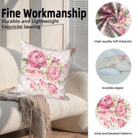 Vie Savaran Flower Throw Pillow Covers 18"x18" Set of 4, Romantic Spring Blooming Pink Roses Floral Couch Cushion Cases for Chair Sofa Bed Living Room Garden Car Indoor Outdoor Home Decorative