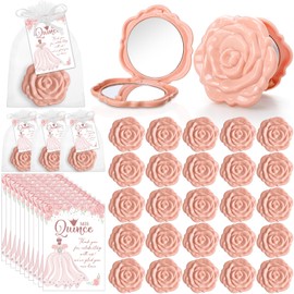 Wenqik 50 Sets Quinceanera Party Favors for Guests 50 Rose Design Compact Pocket Mirrors 50 Quinceanera Cards Thank You Gift and Organza Bags Sweet 15 Mis Quince 18 Birthday Sweet Party Favor (Pink)