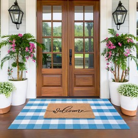 Fallovea Spring Welcome Door Mats Combo Set, 100% Coco Coir Doormat + 3'x 5' Blue and White Plaid Rug, Front Porch Entryway Decor Indoor Outdoor Floor Mats