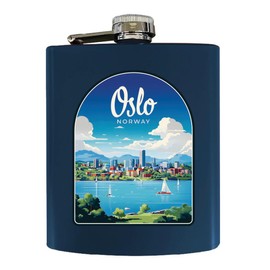 R and R Imports Oslo Norway Waterfront Design Souvenir 7 oz Steel Flask Matte Finish Navy 2-Pack
