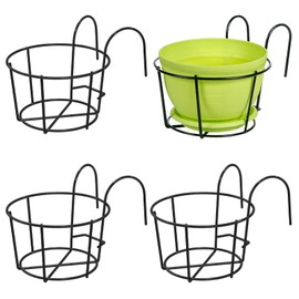 Leoenir 4 Pack Round Hanging Railing Planters - Metal Flower Pot Holder for Balcony and Fence （Black）