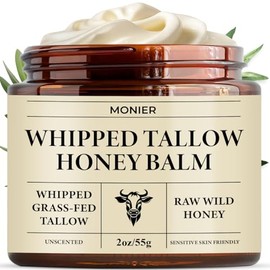 MONIER - Sarga batida de carne para piel, sebo y bálsamo de miel para la cara | Moisturizer With 100% Organic Grass-Fed Beef Tallow & Raw Wild Honey, Packaging May Vary, Dry & Sensitive Skin (Unscented)