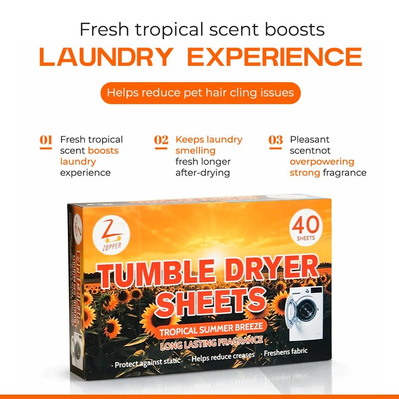 ZOPPER Tumble Dryer Sheets Scented - Tropical Summer Breeze,40 Sheets