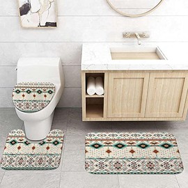 Aztec Southwestern Native Tribal Navajo American Ethnic Bath Rugs for Bathroom, Boho Abstract Triangular Geometric Vintage, Non Slip Flannel Bathroom Rug, Water Absorbent Bath Mats