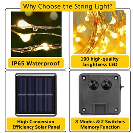2 Stück Solar Lichterkette Außen, 10M 100 LEDs Aussen Lichterkette Kupferdraht Solarlichterkette, Wasserdicht Auto-ON-OFF Garten Lichterkette für Weihnachten Partys Hochzeiten Dekoration, Warmweiß