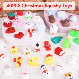 PLULON 40 Pieces Christmas Squishy Toy Animal Squeeze Bulk Kids Mini Christmas Trees Snowman Santa Claus Deer Penguin Bear Snowflakes Christmas Party Bag Fillers Birthday
