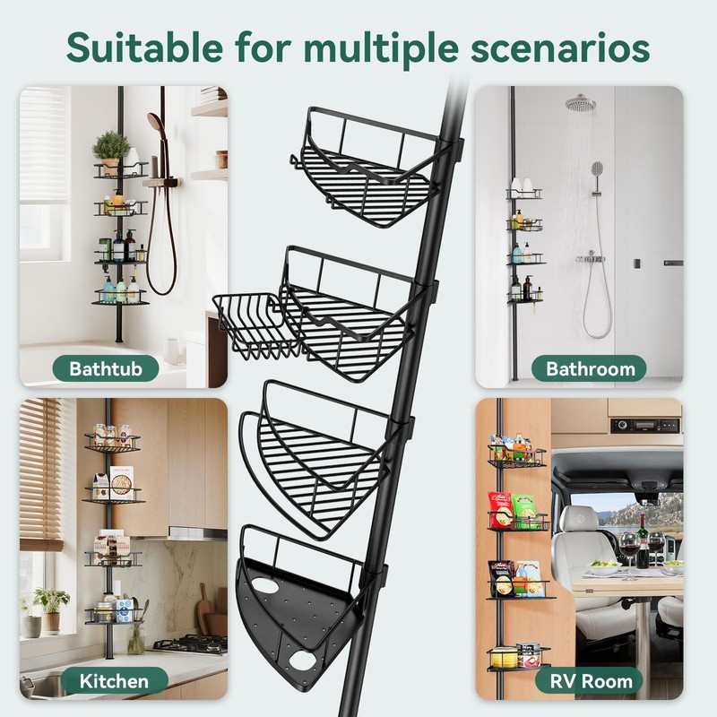 Dimyno Corner Shower Caddy Tension Pole, 4 Tier Adjustable Rustproof