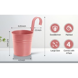 Color Iron Hanging Planters for Outdoor Plants - 4pcs, 6.3" Flower Pots, Hanging Plants, Railing Planter Boxes, Over Wall w/ Drainage Hole, Detachable Hook