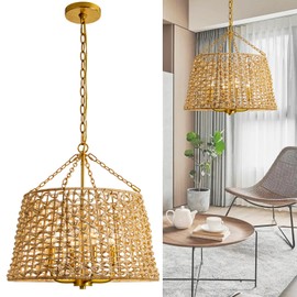 20" Rattan Chandelier for Dining Room 4-Light,Hand-Woven Rattan Boho Chandeliers, rattan Pendant light with Adjustable for Bedroom,Living Room,Kitchen Island,Coastal,Stairway,Hallway(E12 Base)