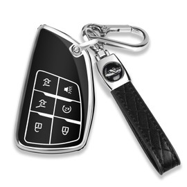 QBUC for Chevy Key Fob Cover with Keychain Soft TPU Protection Case Compatible with 2021-2026 Chevy Tahoe Suburban GMC Yukon Denali Silverado 6-Buttons(Chrome Trim Black)