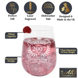 18th Birthday Gift Vintage 2007 Aged to Perfection Engraved Large Gin Glass Present for 18 Year Old Etched 590ml Stemless Gin Glass