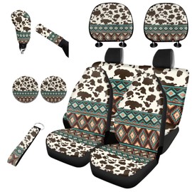 Horeset Southwest Aztec Geometric Cow Print Auto Seat Cover with Headrest Cover,Cup Coasters,Handbrake Cover,Gear Shift Caover and Lanyaeds Key Chain Fit Most Cars for Women Men(11-Piece)