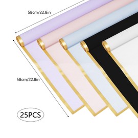 25 Sheets Flower Wrapping Paper with Ribbons and Cards, 5 Colors Waterproof Bouquet Wrapping Paper(02)